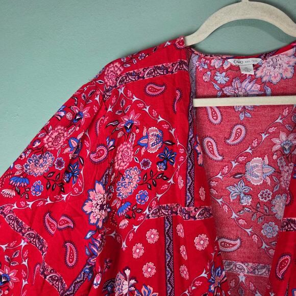 Cato Womens Red Blue Floral Paisley Print Tie Front Kimono Top Size XL - Picture 5 of 8